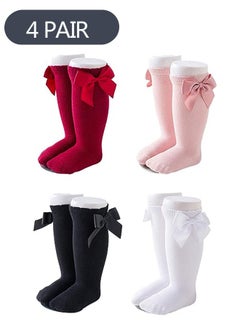 Buy 4-Pairs Baby Long Socks, Knee High Socks Bow Cotton Long Stockings for 0-1 Age Baby S in Saudi Arabia