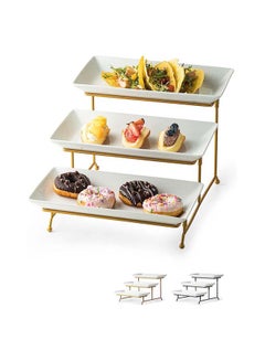 Buy 3 Tier Ceramic Serving Stand and Rectangular Platters Set Gold, Large Tiered Porcelain Trays with Collapsible Sturdier Metal Rack 14 Inches Serving Tray in UAE