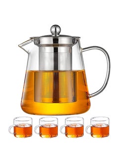 Buy Borosilicate Glass Teapot With Heat Resistant Stainless Steel Strainer Infuser 950 ML With 4 Pcs Tea Cups 100 ML For Coffee, Loose Leaf and For Daily Use in UAE