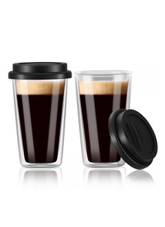 Buy Double Walled Glass Coffee Mugs with Lids,12 OZ Insulated Drinking Coffee Cups with Lids, Dishwasher Safe Glass Iced Coffee Cups with Black Silicone Lids for Hot Coffee, or Cold Drink in Saudi Arabia