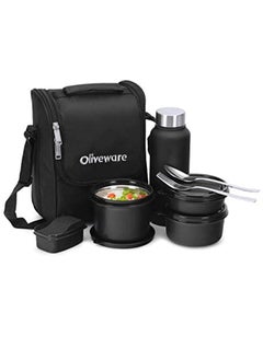 اشتري SOPL-OLIVEWARE Teso Pro Lunch Box | 3 Stainless Steel Containers | Plastic Pickle Box | Steel Spoon & Fork | Insulated Fabric Bag | Leak Proof | Microwave Safe | Full Meal | Easy to Carry (Black) في الامارات