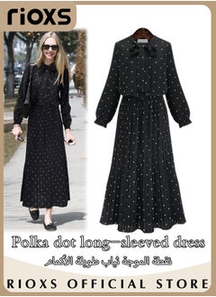 Buy Women's Polka Dot Long Sleeve Maxi Dresses Elastic High Waist Ruffle A-Line Long Dress With Bowknot in Saudi Arabia