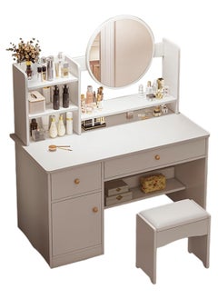 Buy Makeup Vanity Desk with Lights Mirror, 3 Lighting Colors Brightness Adjustable, White Vanity Set Makeup Table with 2 Drawers, Cabinets and Multiple Shelves, Large Vanity in UAE