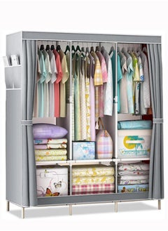 Buy Foldable Fabric Closet Organizer,Canvas Wardrobe,Clothes Storage Organiser with 2 Hanging Rail and 6 Shelves(Grey) in Saudi Arabia