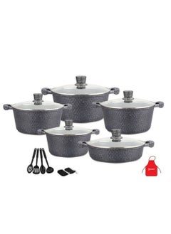 اشتري 17-Piece Granite Cookware Set Includes 1xCasserole With Lid 20cm, 1xCsserole With Lid 24cm, 1xCasserole With Lid 28cm, 1xCasserole With Lid 32cm, 1xShallow Casserole With Lid 28cm, 7xCooking Tools Dark Grey في الامارات