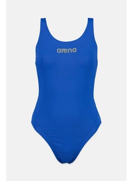 Buy Women Brand Logo Sleeveless One Piece Swimsuit, Blue and Metallic Silver in Saudi Arabia