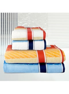 اشتري 4 Piece Bathroom Towel Set ZICZAC 500 GSM 100% Cotton Velour 2 Bath Towel 70X140 cm & 2 Hand Towel 50x90 cm Blue & Orange Color Modern Stripe Design Luxury Touch Extra Absorbent في الامارات