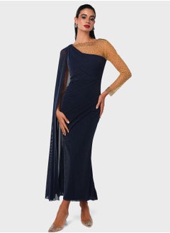 Buy One Sided Crystal Embellished Mesh Cape Dress in UAE