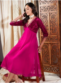 Buy Velvet Embroidered V-Neck A-Line Midi Dress in Saudi Arabia