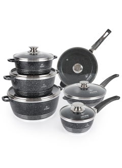 Buy 12-Piece Granite Pots and Pans Set Molded Looped Handles with Premium Glass Lids -Non Stick Cookware Set Includes Casserroles 20/24/28cm, Frying Pans 20/24cm and Sauce Pan 16cm Oven Safe Grey in UAE