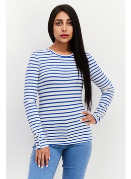 اشتري Women Crew Neck Long Sleeve Stripe Blouse, White/Blue في الامارات