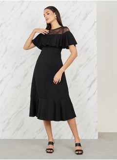 Buy Mesh Insert Ruffle Detail A-Line Midi Dress in Saudi Arabia