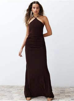 Buy Brown Fitted Knitted Long Evening Dress TPRSS24AE00086 in Egypt