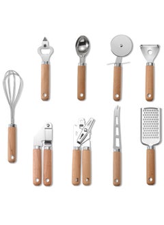 Buy Set of 9-Piece Kitchen Gadget Utensils with Wood Handles, Premium Cooking Tools, Pizza Cutter, Whisk, Spoon, Grater, Fruit and Vegetable Peeler and Bottle Opener in UAE