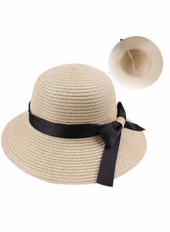 Buy Straw Sun Hat for Women, Girls Cute Summer Beach Cap Foldable Visor Floppy Wide Brim with Bowknot, Strap Adjustable in UAE