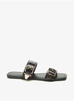 اشتري Womens Textured Slip-On Dual Strap Slide Sandals with Buckle Accent في السعودية