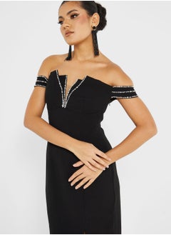 Buy Off Shoulder Side Slit Dress in UAE