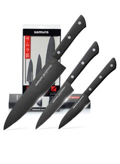 Buy Samura SHADOW Set of 3 Kitchen Knives | Chef's Knife, Utility Knife, Paring Knife | AUS-8 Stainless steel with Black Non-Stick Coating | ABS Plastic Handle | Durable | Heat Resistant | Comfortable in UAE