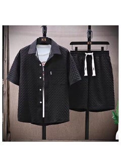 اشتري Summer Ice Silk Mens Casual Grid Shirt Shorts Set F37 Black في الامارات