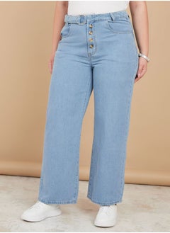 اشتري Front Button Ring Belted Straight Leg Jeans في السعودية