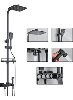 Buy Shower System Matte Black Bathroom Thermostatic Shower Faucet Set with Tub Spout Shower Head 3 Functions Hand Sprayer Bidet and Shelf Rain Outdoor Shower Fixtures Kit Wall Mounted in Saudi Arabia