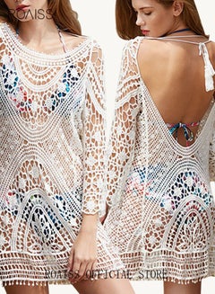Buy Women Backless Hollow Out Cover Up Beach Clothing Sunscreen Shirt Beachwear Kimonos Lace Loose Swimwear Blouse Skirt Bikini Jacket Swimsuit for Summer White in Saudi Arabia