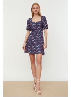 Buy Navy Blue Floral Print A-line Mini Lined Balloon Sleeve Woven Dress TWOSS20EL0899 in Egypt