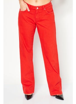 اشتري Women Regular Fit Solid Non Stretchable Wide Leg Denim Jeans, Red في السعودية