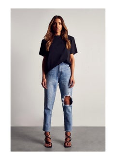 Buy High Waisted Rip Knee Mom Jeans in Saudi Arabia