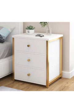 Buy White Nightstand with 3 Drawers, Modern Night Stand with Gold Solid Metal Legs & Handles, Wood Bedside Table, Sofa End Side Table for Bedroom in Saudi Arabia