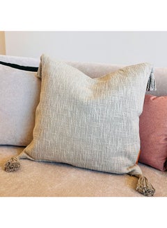 اشتري Olive Grey Cotton Throw Cushion Cover With Four Corner Tassels Comfortable Pom Poms Pillows Case Insert Solid Color 45X45 Cm في الامارات