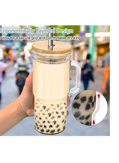 اشتري Glass Cups with Bamboo Lids and Straws, Tumbler Cups with Handle 24oz, Reusable Mason Jar with Lid-Wide Mouth Drinking Glasses, Boba Cup Smoothie Tumbler Iced Coffee Cup Travel Cups في الامارات