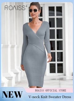 Buy Women Knitted Long Sleeved Dress V Neck Design, Slim Waist, Women Retro-Style Long Dress, Solid Color Design, Comfortable And Skin Friendly Fabric in UAE