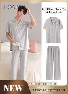 Buy 2-Piece Pajama Set Men's Cotton Short Sleeved T-Shirt Long Pants Sets Solid Color Sleepwear Nightgown Male Loose Spring Summer Thin Loungewear Home Clothes in UAE