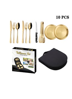 Buy Hot Sale Outdoor Reusable Stainless Steel Flatware Set With Bag For Office School BBQ Camping Picnic Tableware Travel Cutlery Portable Portable Travel Utensils Flatware Set(10PCS) in Saudi Arabia