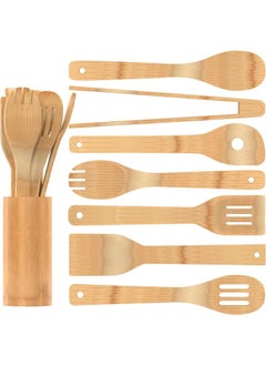 Buy Wooden Kitchen Utensils Set, 8 Piece Bamboo Cooking Tools and Holder Cooking Spoons and Spatulas, Kitchen Tools, Wood Tool Utensil Sets for Nonstick Pan and Cookware, 12 Inches in Saudi Arabia