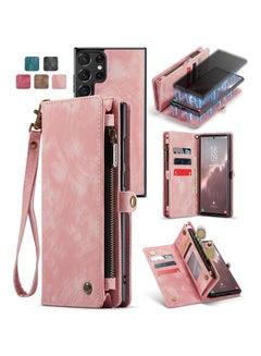 Buy Protective Phone Cover Case Wallet Case For Samsung Galaxy S23 Ultra, 2 in 1 Detachable Premium Leather Magnetic Zipper Pouch Wristlet Flip Phone Case (Pink) in UAE