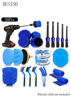 اشتري 24 Pieces Car Cleaning Tools Kit, Auto Detailing Brush Set with Driller Attachment for Cleaning Wheels, Dashboard, Interior, Exterior, Leather, Air Vents, Emblems(Blue) في السعودية