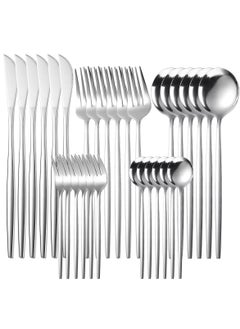 اشتري 30PCS Silver Stainless Steel Knife & Fork Cutlery Set Western Steak Knife, Fork & Spoon Cutlery في السعودية