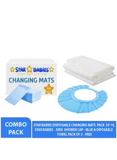 اشتري Combo Pack Pack Changing Mat 10Pcs Disposable Towel 3Pcs Shower Cap Blue في الامارات