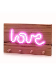 Buy Wooden Key Hooks Holder for Wall Mount with Neon LOVE Sign LED Light 35x17cm in UAE