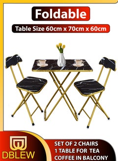 Buy Set Of Foldable Marble Wooden Square Table And 2 Folding Chairs Seats Metal Frame For Breakfast Computer Laptop Desk Office Workstation Kitchen Balcony Home Dining Outdoor Picnic Beach Desert Camping in UAE