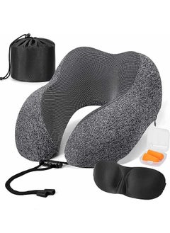 Buy Luxury Memory Foam Travel Pillow with Ear Plugs, Eye Mask and Mesh Bag Grey 28x27x14cm in Saudi Arabia