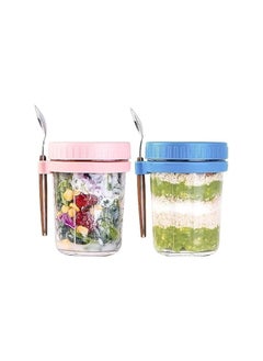 Buy Overnight Oats Jars with Lid and Spoon, 2PCS 350ml Large Capacity Airtight Oatmeal Container with Measurement Marks, Wide Mouth Portable Jars Breakfast Container for Salads Yogurt Cereal Milk in UAE