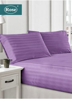 Buy Rose Luxurious Hotel Stripe Fitted Sheet with Deep Pockets and Pillow Cases, Bed Sheet 3-Pieces Set, Soft & Silky Microfiber Fabric, Breathable and Cooling (King Size 200X200+35 cm -Lilac) in Saudi Arabia