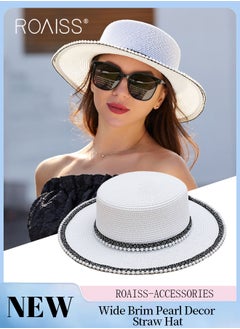 اشتري Classic Flat Top Straw Hat for Women Summer Beach Hat Vacation Sunshade Sunscreen Woven Hat Pearl Decoration Sun Hat Fashion Accessories في الامارات