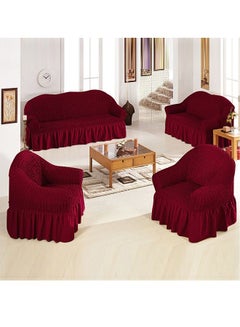 اشتري 4-Piece Super Stretchable Anti-Wrinkle Slip Flexible Resistant Jacquard Sofa Cover Set Wine Red في السعودية