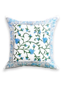 Buy Hand Block Printed  Indigo Jaal Premium Organic Cotton Non-Allergenic Quilted Cushion Cover 40 Cm X 40 Cm in UAE