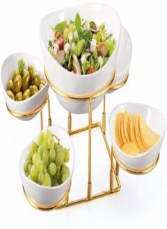 Buy Orchid 5Pcs Ceramic Chip And Dip Serving Set With Metal Rack, 5 Removeable White Serving Bowls For Entertaining Parties, Divided Serving Platter For Snacks, Salsa, Sauces, Appetizers, Nuts (Dtc23765G) in UAE