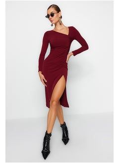 اشتري Burgundy Slit Asymmetric Collar Midi Knitted Dress TWOAW24EL00118 في مصر